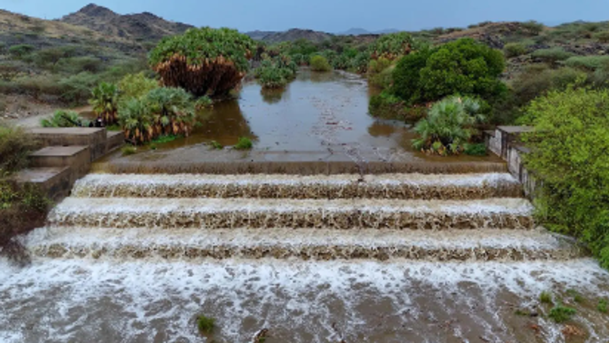 Rainfall transforms Al-Madmama Valley into cascading waterfalls in Jazan