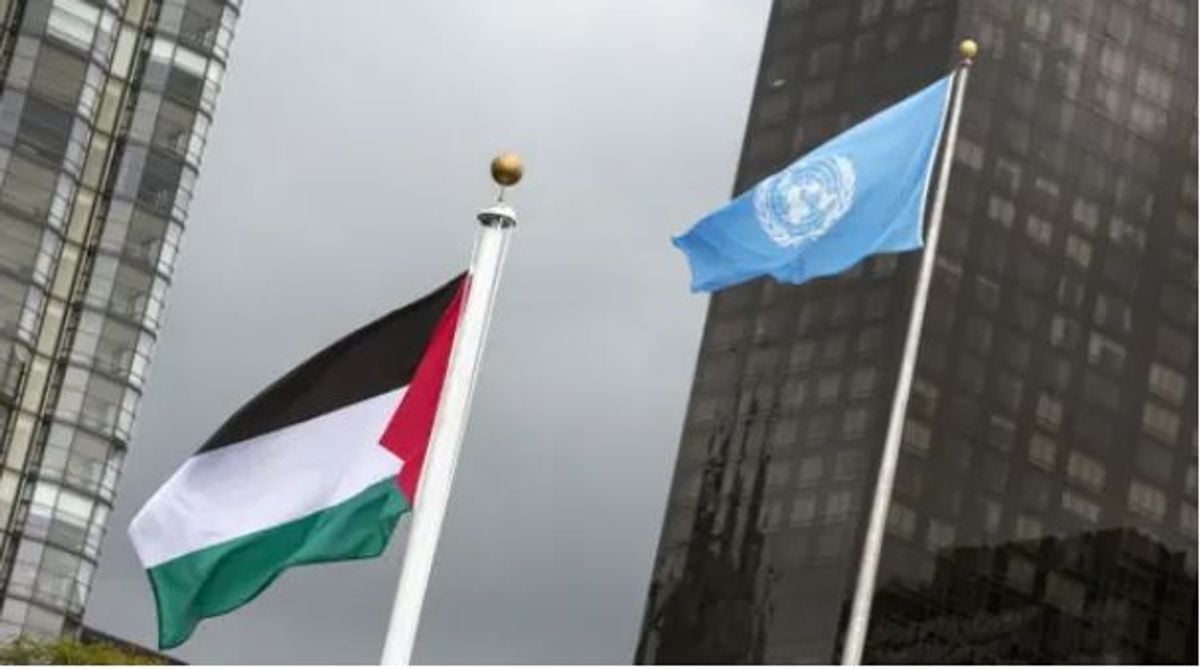 UN flag and Gaza cityscape, focus on civilian protection