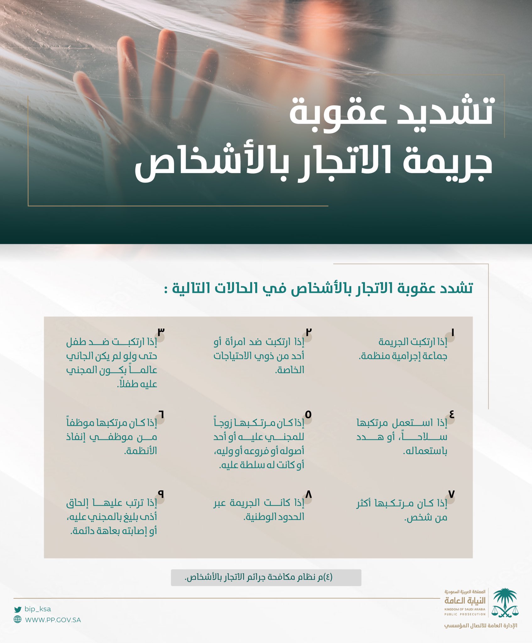  حالات يتم فيها تشديد عقوبة الإتجار بالبشر
