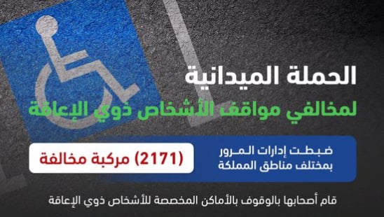 المرور: ضبط 2171 مركبة مخالفة وقف أصحابها بأماكن ذوي الإعاقة