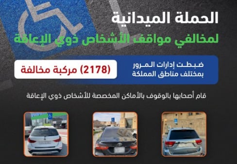 المرور: ضبط 2259 مركبة مخالفة وقف أصحابها بأماكن ذوي الإعاقة