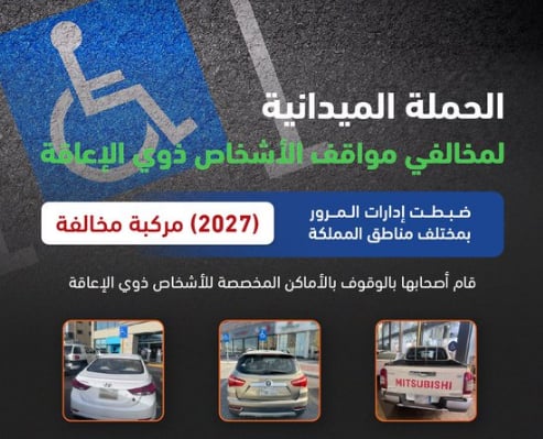 «المرور»: ضبط 2027 مركبة مخالفة متوقفة في أماكن «ذوي الإعاقة»