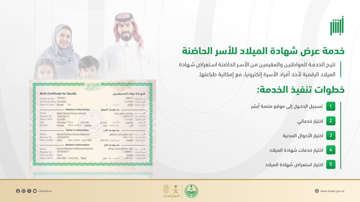 «الأحوال المدنية» توضح تفاصيل عرض شهادة الميلاد للأسر الحاضنة