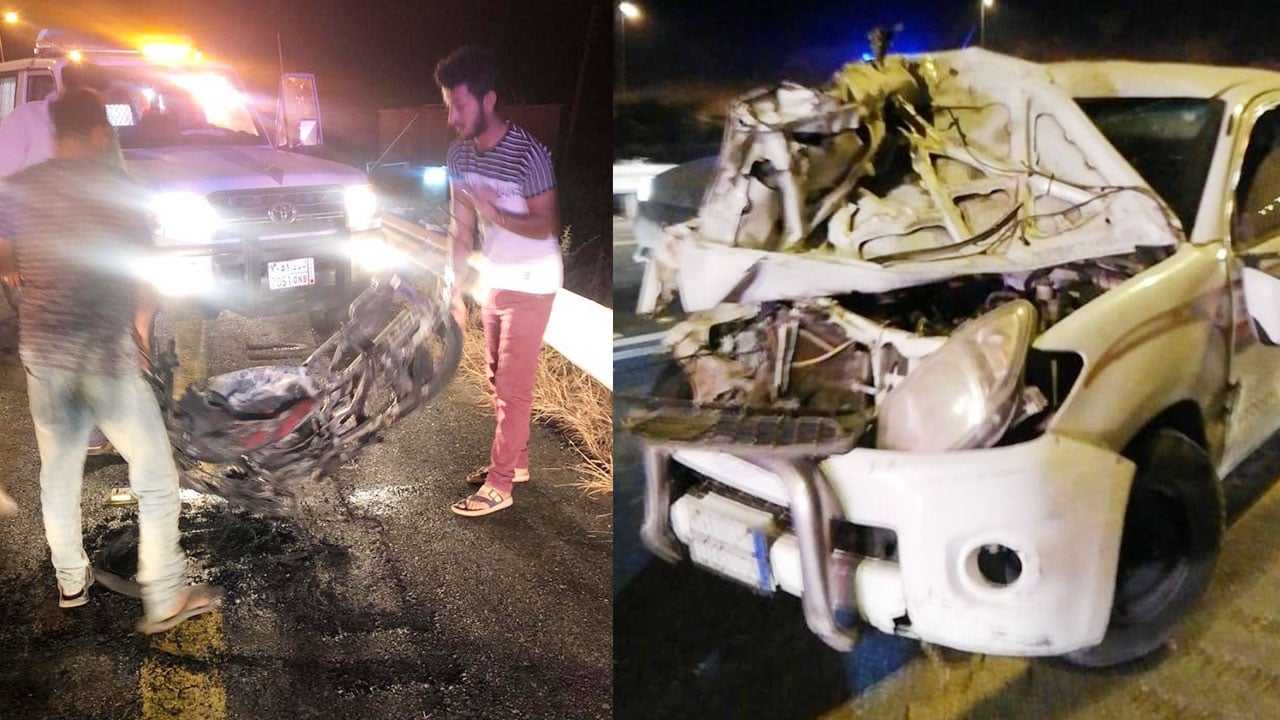 بالصور.. مصرع سائق دراجه نارية ومرافقه في تصادم مع «هايلوكس» بالباحة